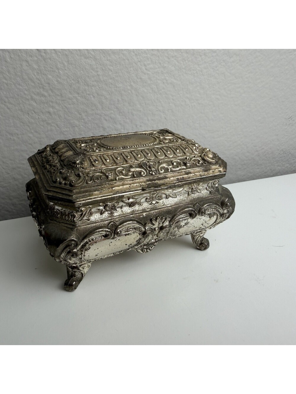 Vintage Ornate Silver Tone Jewelry Casket Box Red Velvet Footed Trinket
